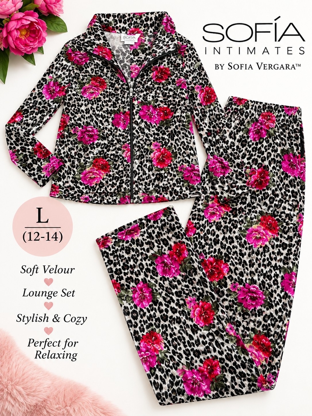 Sofia Intimates Soft Velour Lounge Set Leopard Floral Velour Pajama Set Size